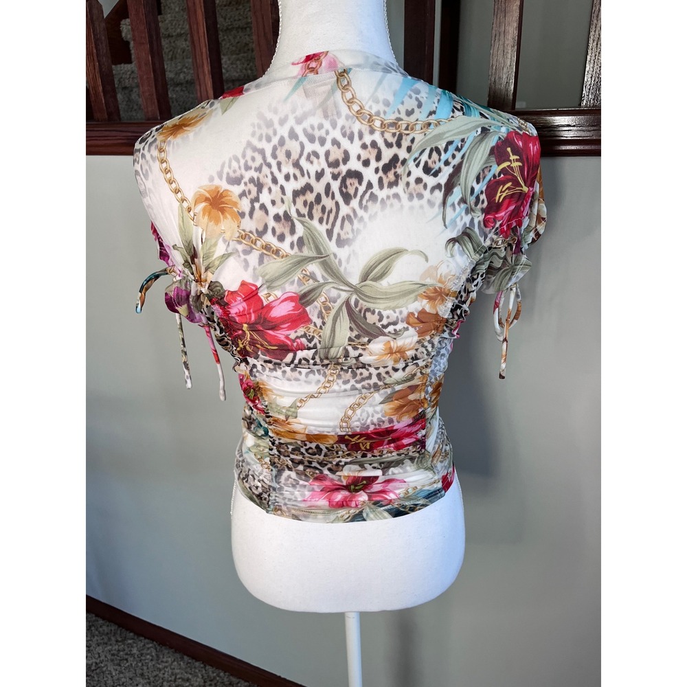 Guess Women Floral Leopard Mesh Ruched Short Sleeve Top XS W3YP05 KBAH2 - Picture 2 of 7